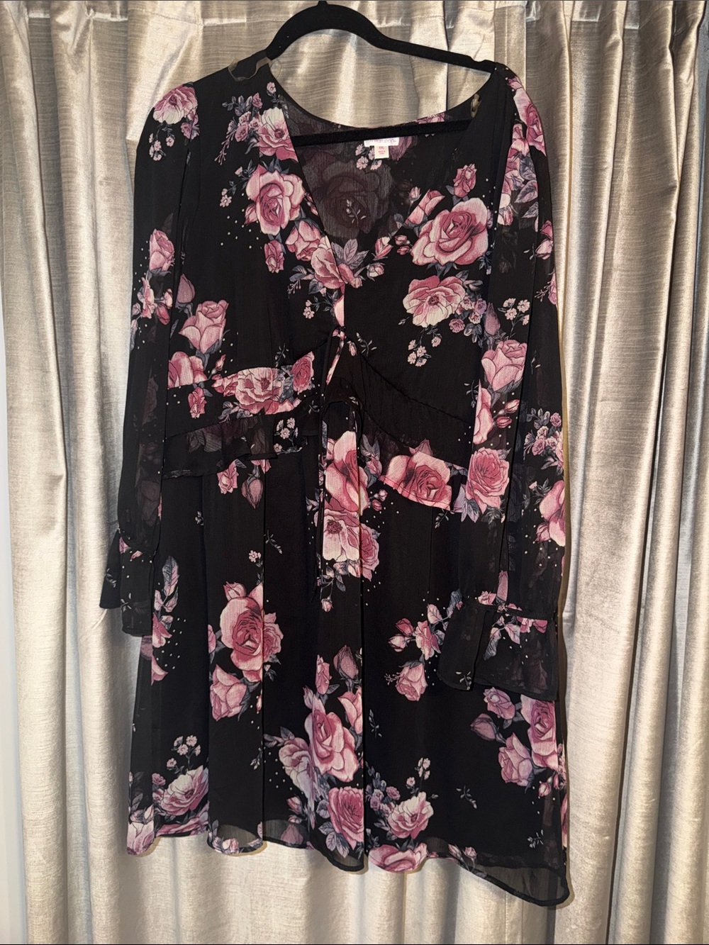 Xhilaration Black Tunic with Pink Rose Floral Print